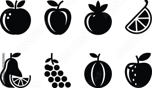 A set of eight black and white fruit icons including apples pear grapes and citrus