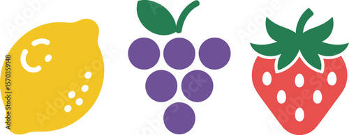 Illustration of a lemon, grapes, and strawberry on a white background flat lay