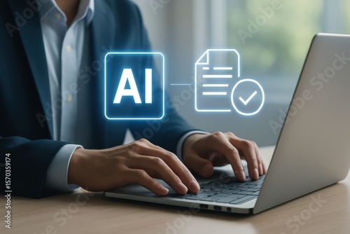 Business Professional Using Laptop for AI Document Generation in Modern Office Environment with Graphic Illustration of Technology Influence