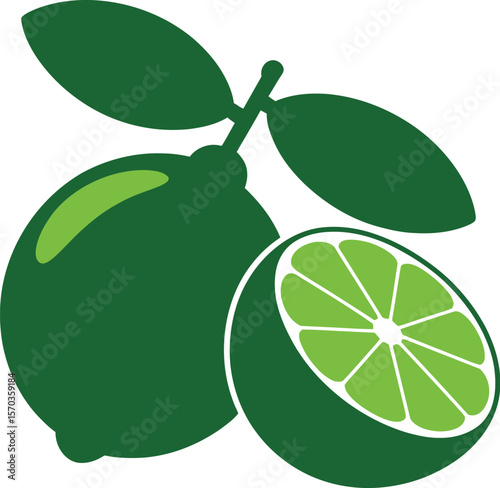 Illustration of two green limes one whole and one sliced with two green leaves