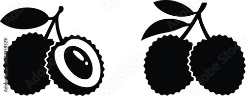 A black and white illustration of two lychee fruits with leaves on a white background