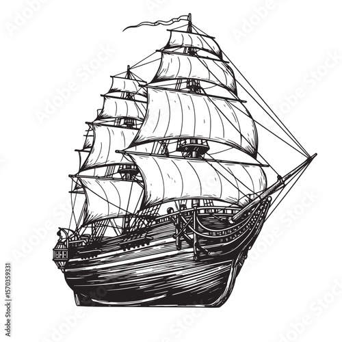 Hand drawn illustration of a detailed vintage tall sailing ship with billowing sails isolated on white background