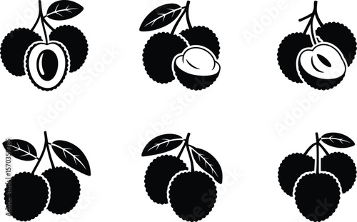 Six black and white lychee fruit icons with leaves on a white background pattern