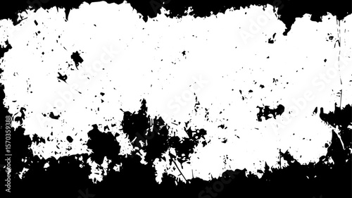 High-Contrast Grunge Texture Background with Distressed Edge and Ink Splatter Pattern. Black and White Overlay Design