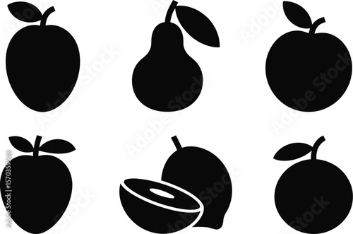 Six black silhouette fruit icons including apples pears plums and a sliced fruit