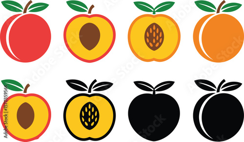 Illustration of peaches in different colors and styles whole and cut on white background