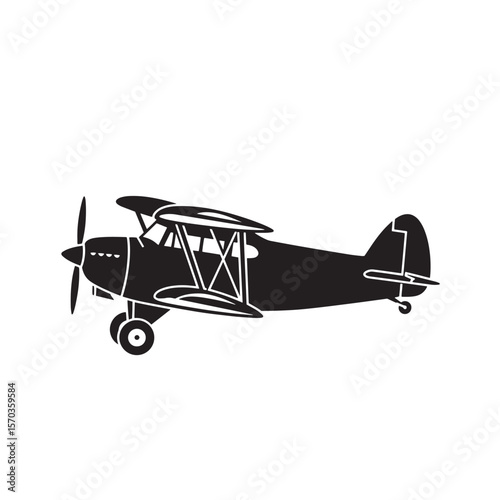 Silhouette vector illustration of a classic biplane aircraft in flight featuring vintage art