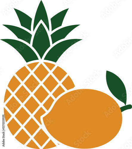 A pineapple with green leaves and a mango with a leaf on a light background