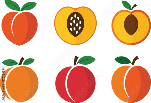 Illustration of whole and halved peaches with leaves on a white background