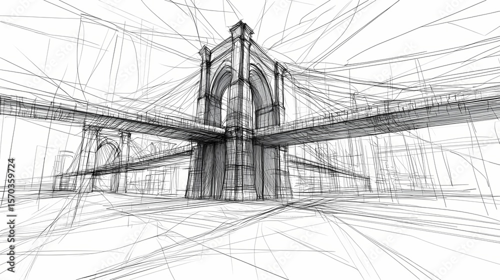 Fototapeta premium Architectural drawing of a suspension bridge.