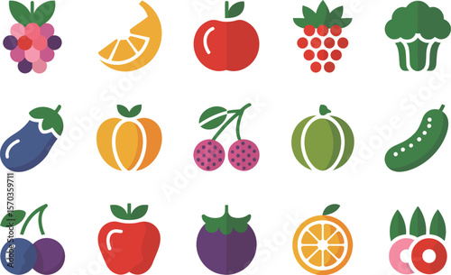 A collection of fifteen colorful fruit and vegetable icons arranged on white background