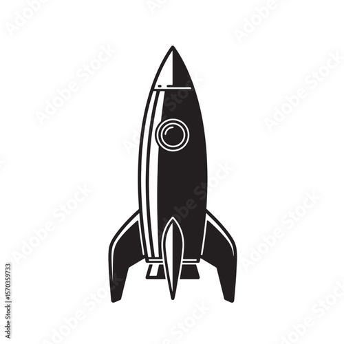 Simple black and white illustration of a vintage art rocket ship ready for launch and space exploration