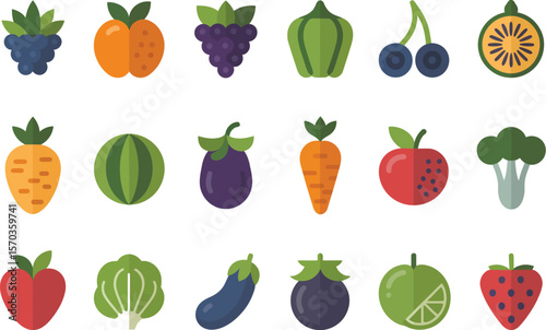 A flat lay of various fruits and vegetables arranged on a white background neatly