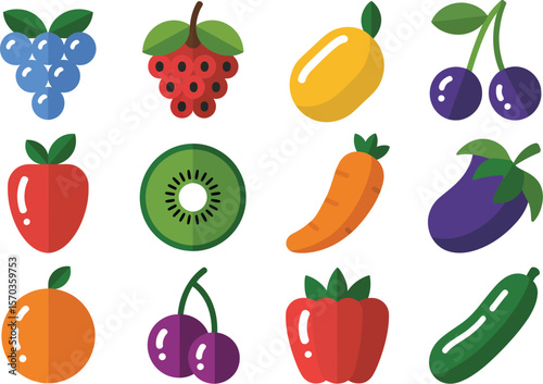 A collection of twelve stylized fruits and vegetables arranged on a white background