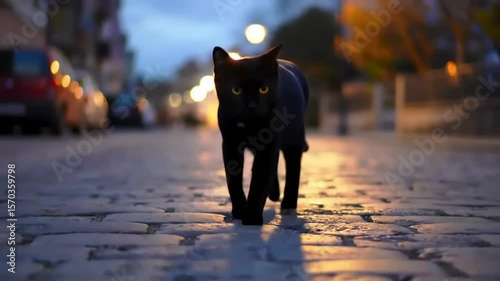Black Cat Night Street Cobblestones.