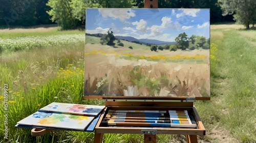 Impressionistic landscape painting on easel shows pastoral field during the day, bathed in sunlight.