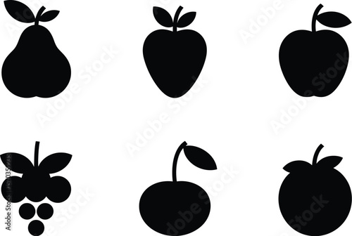 A collection of six black fruit icons including pear apple grapes and cherry