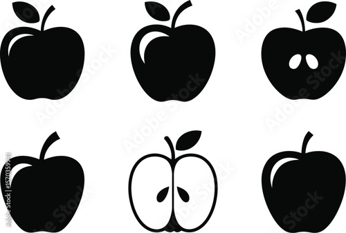A graphic illustration featuring six apple icons in various whole and cut forms