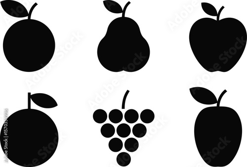 A graphic illustration of six black fruit icons on a white background layout