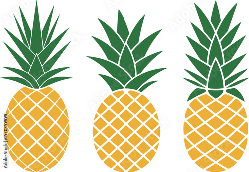 Three pineapple fruits with green leaves and yellow textured skin on white background