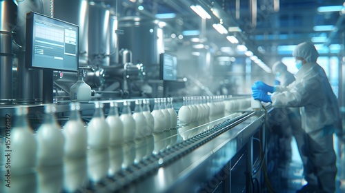 Employees in a dairy processing plant inspecting 