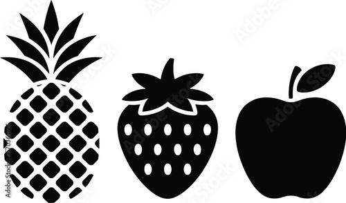 A simplistic black and white illustration of pineapple strawberry and apple icons
