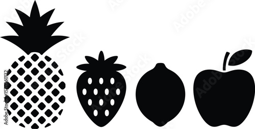 Illustration of a pineapple strawberry lemon and apple in black and white style