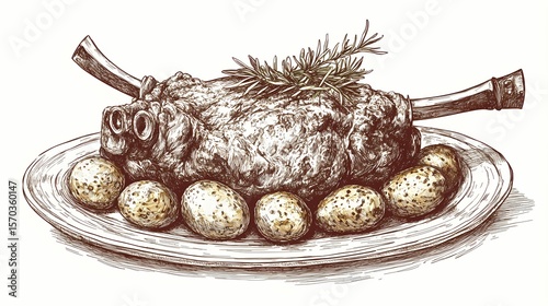 roasted meat with potatoes on plate clip art preview