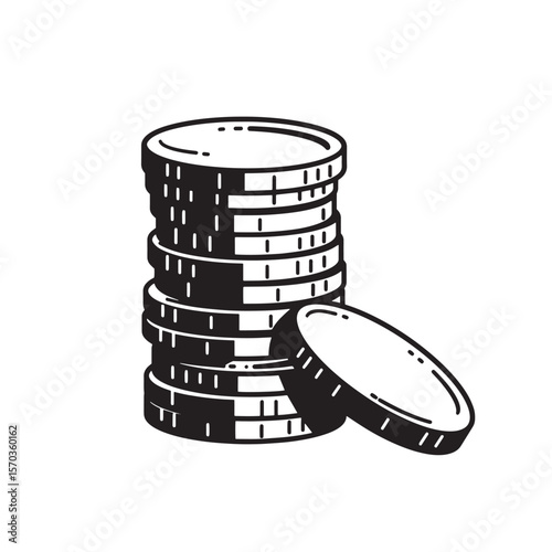 Stack of coins and loose coin in a classic black and white vintage art illustration