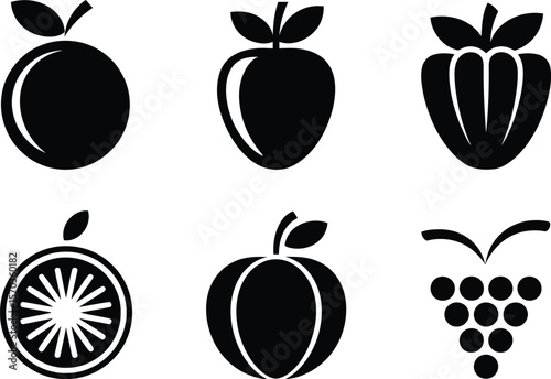 A set of six black and white fruit icons including orange apple strawberry grapes