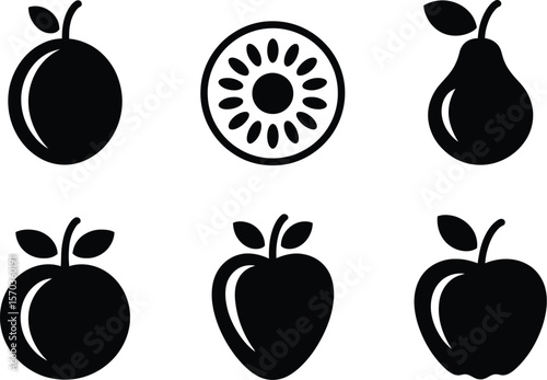 A collection of fruit icons including an orange kiwi pear and different apples