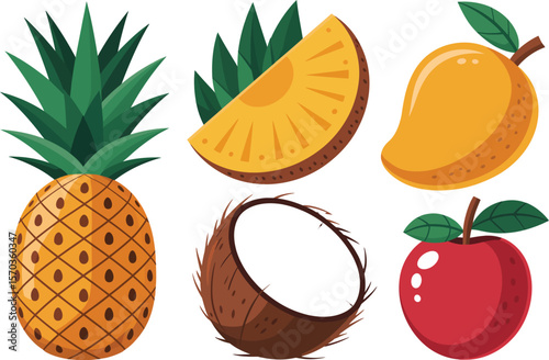 Illustration of pineapple slice of pineapple mango coconut and apple on background