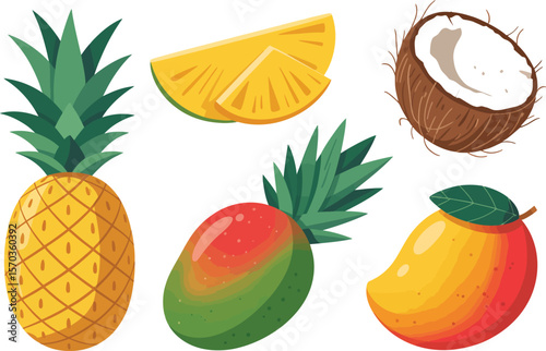 Illustration of pineapple mango coconut and other tropical fruits on white background