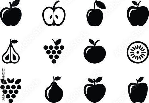 A collection of black and white fruit icons including apples grapes pears and kiwi