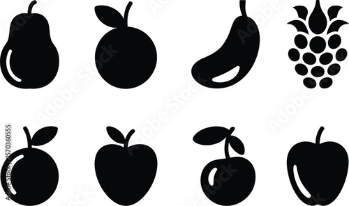 A collection of eight black fruit icons arranged in two rows on a white background