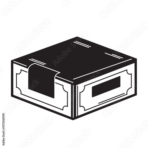 Vintage art black and white illustration of a classic rectangular box with decorative elements