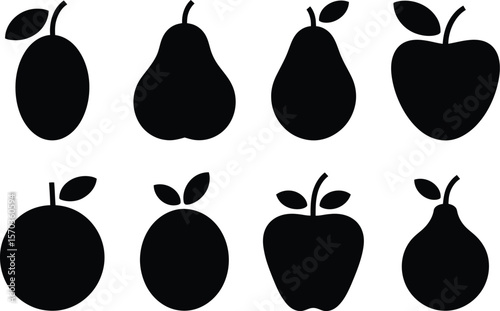 A simple graphic featuring black silhouette illustrations of various fruits neatly arranged