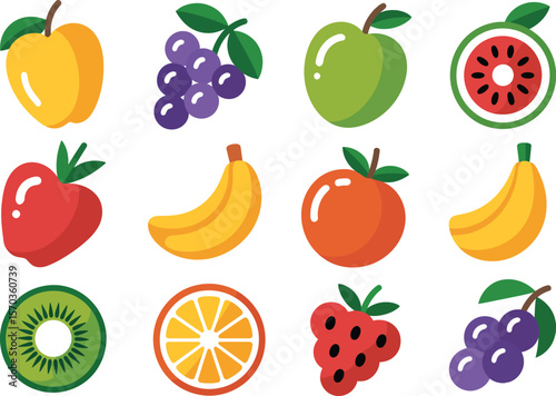 A collection of colorful cartoon fruits including apples bananas grapes and more fruits