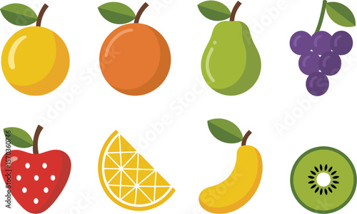 A collection of various cartoon fruits arranged on a white background surface