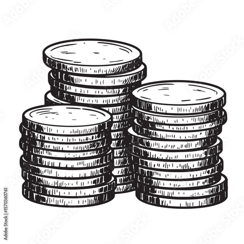 Vintage art hand drawn illustration of stacked coins representing savings and financial concepts