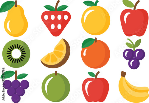 A colorful assortment of stylized fruit icons arranged on a white background