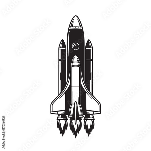 Vintage art illustration of a space shuttle lifting off depicting space exploration and adventure