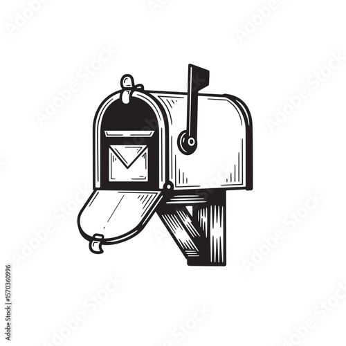 Vintage art illustration of an open mailbox with letter inside and flag raised for mail delivery