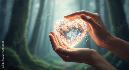 Protecting crystal heart in magical forest: spiritual healing and love concept