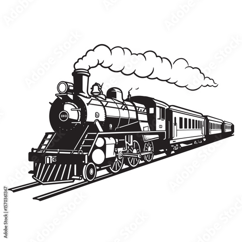 Vintage steam train locomotive on tracks a black and white vector art illustration