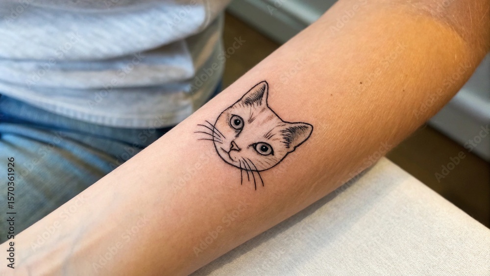 Obraz premium Close Up of Micro Realistic Fine Line Tattoo of Cat on Forearm Highlighting Personal and Delicate Body Art