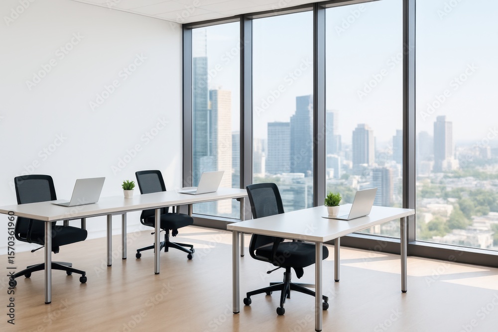 Fototapeta premium Bright and Modern Office Space with View of City Skyline Featuring Desks, Chairs, Plants, and Laptops bathed in Natural Light for Productive Work Environment