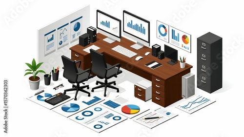 Wallpaper Mural Isometric office workspace with charts, graphs, computers, desk and chairs in a clean, modern style. Torontodigital.ca