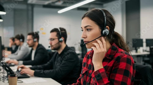 A customer service representative assists clients in a busy call center
