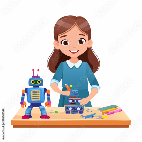 A young girl enthusiastically builds a robot toy, showcasing creativity and learning through hands-on robotics engineering and playful activities.